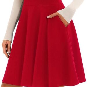 Knee Length Red Skirt with Pockets - stretchy high waisted skater style